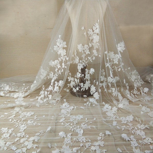 Off white Wedding Lace Fabric, Bridal Floral Embroidery Tulle Lace Fabric, 51" Width Embroidered Mesh Lace Fabric By Yard