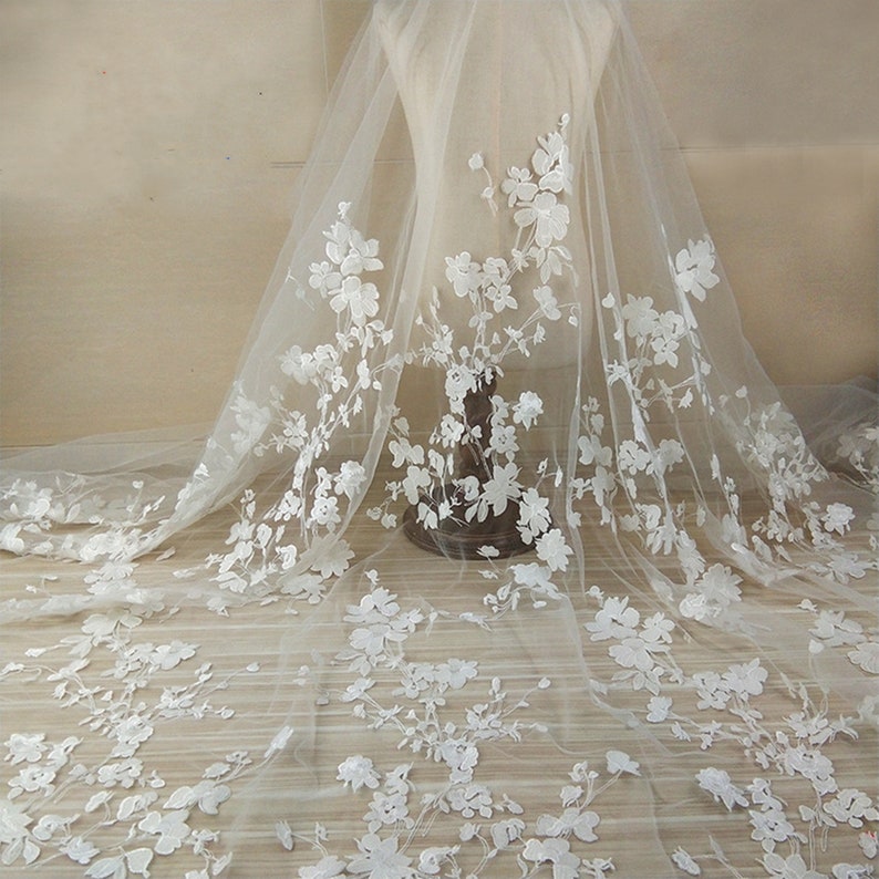 Off white Wedding Lace Fabric, Bridal Floral Embroidery Tulle Lace Fabric, 51' Width Embroidered Mesh Lace Fabric By Yard 