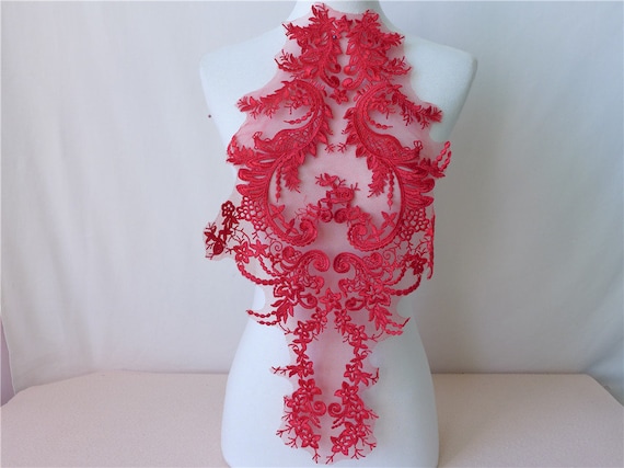 Embroidery Lace Applique, Red Lace Applique Trim, Mesh Lace