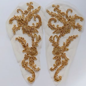 Gold silver beads & gold sequins beaded lace applique, pair of beaded applique for dance dress, bodice, ball dress