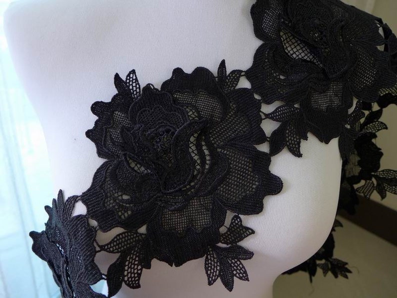 Roses Trim Black Venice Lace Trim Black Roses Applique Rose Large Flower Trim