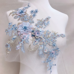 Blue & Gold 3D Applique, Multi-layers Flowers Beaded Applique, Embroidered Floral and Leaves for Dress or Couture Gowns Patch