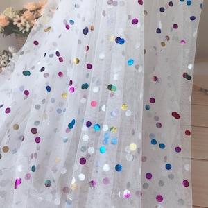 Off white Tulle Fabric, Rainbow Polka Dots Tulle Fabric, Colorful Polka Dots Mesh Tulle Fabric for Tutu Dress, Wedding Gown, Veils Off white tulle