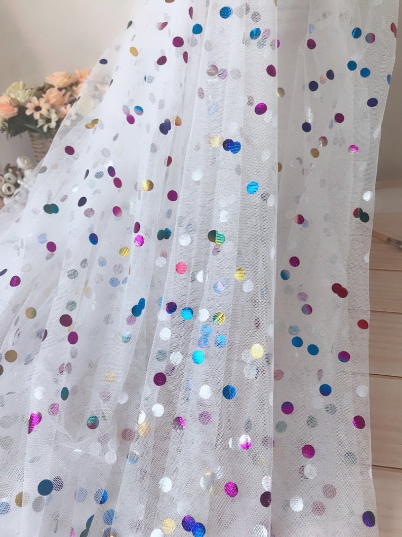 Off white Tulle Fabric, Rainbow Polka Dots Tulle Fabric, Colorful Polka Dots Mesh Tulle Fabric for Tutu Dress, Wedding Gown, Veils Off white tulle