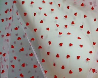 Heart Decor Super Soft Tulle Lace Fabric, Cute Red Flocked Heart Pink Tulle Fabric，Dress Lingerie Veils Gloves Fabric, No Stretch