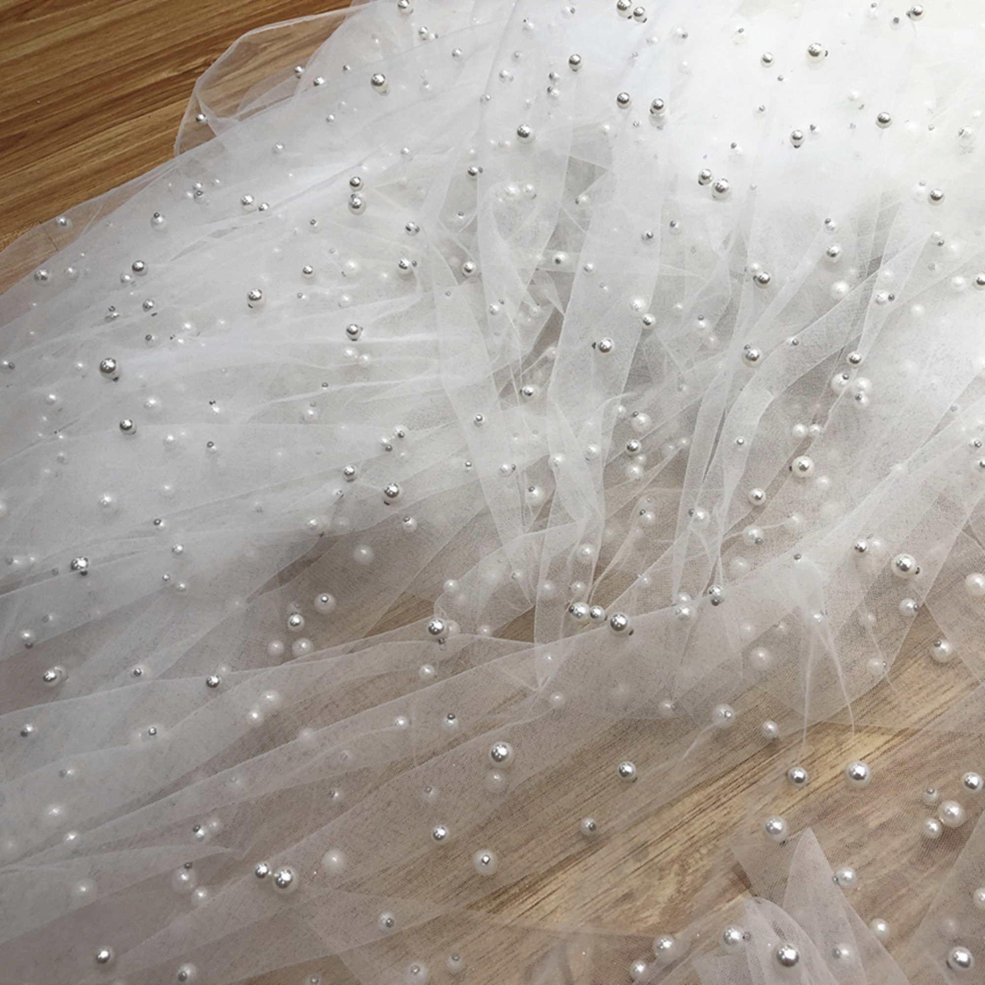 Pearl Lace Fabric, Beaded Pearls Tulle Fabric, 2 Sizes Pearl