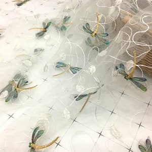 Solid 3D Dragonfly Embroidery Lace Fabric Exquisite Wedding Embroidered Tulle Mesh Lace Fabric for Prom Gown, Flower Girl Dress, By 1 Yard