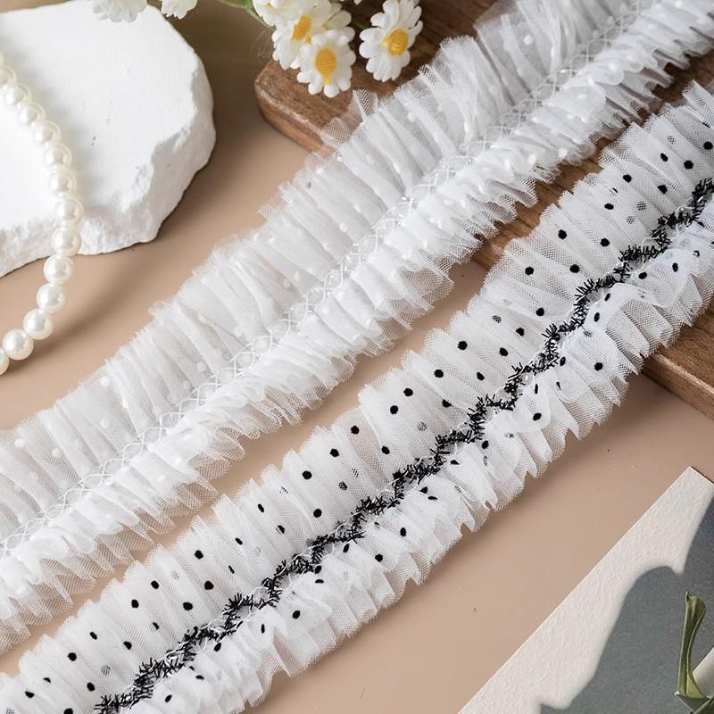 2 Colors White Ruffle Trim, Double Scalloped Ruffled Trim, Polka