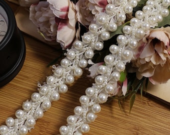 Beaded lace trim in ivory, pearl beaded lace trim, beading lace belt for wedding dress, beaded wedding dress straps, beaded ribbon trim