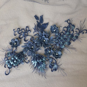 SALE 3D Full Blossom Lace Applique, Exquisite Lace Applique In Dark Blue, Pearl Beaded Lace Fabric Trim With Rhinestone, Jewelry Design