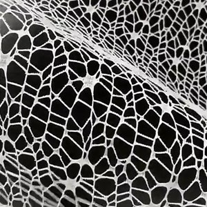 May include: White lace fabric with a delicate, intricate pattern resembling a spider web. The fabric is woven with a fine mesh and has a soft, flowing texture.