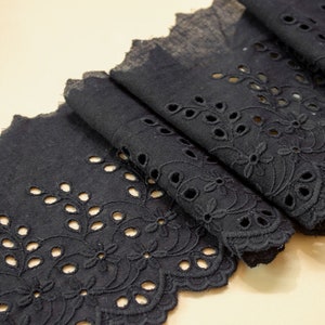Black Cotton Lace Trim, 5.3 Wide Cotton Lace Trimming, Black Lace Trim with Eyelet Embroidery One Yard Black