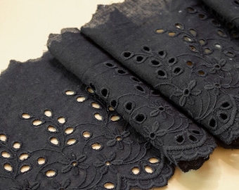 Black Cotton Lace Trim, 5.3" Wide Cotton Lace Trimming, Black Lace Trim with Eyelet Embroidery One Yard