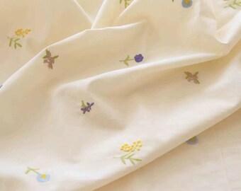 Beige Floral Cotton Fabric, Cute Small Flowers Embroidered Fabrics for Dress, Blouse, Skirts, Costumes, Handkerchief, Pajamas, Pillowcase