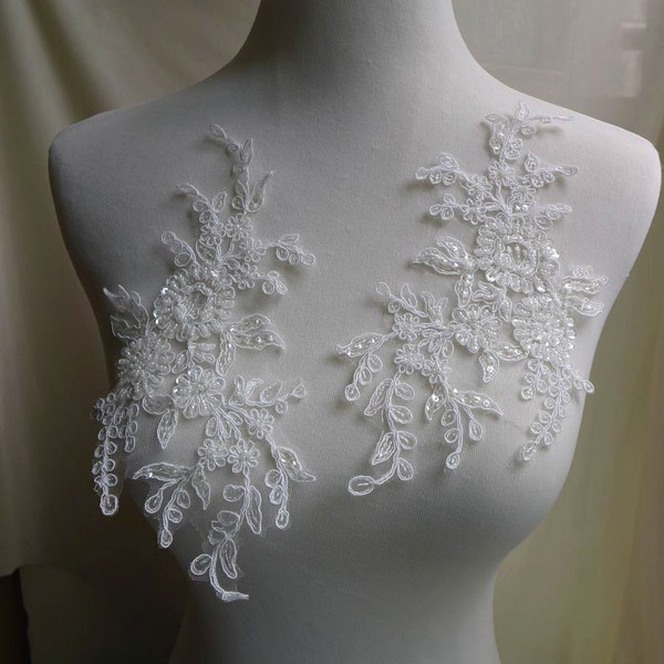 One pair Beaded Lace Applique Off white Bridal Applique for Wedding, Headbands, Gowns