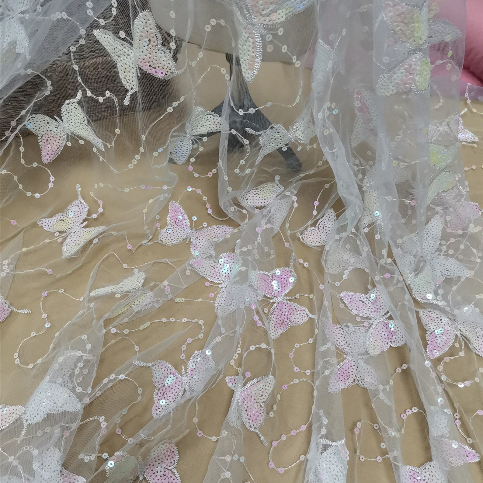 Iridescent Sequin Butterfly Embroidery Lace Fabric Etsy