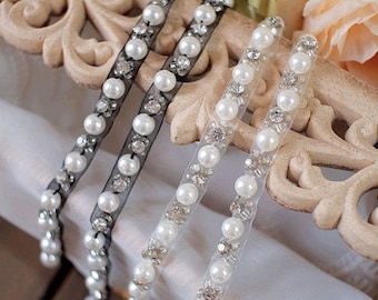Pearl Lace Trim, Rhinestone Beaded Lace Trim, Beaded Trim, Beaded Ribbon, Pearl Lace Ribbon for Headband, Sash, Belt, Strap, Dress Decor