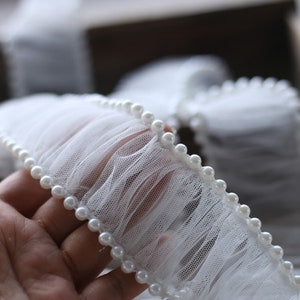 Soft Tulle Pleated Lace Trim, Pearl Beaded Mesh Lace Trim, Ruffle Tulle Lace Trim for Headband, Sash, Home Decor, Garment, 2 Yards