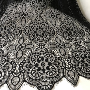Unique Black/Off white Chantilly Lace Fabric, Scalloped Edge Trimming Eyelash Fabric For Wedding Dress, Couture Design, Illusion Gowns