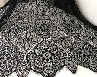 Unique Black/Off white Chantilly Lace Fabric, Scalloped Edge Trimming Eyelash Fabric For Wedding Dress, Couture Design, Illusion Gowns