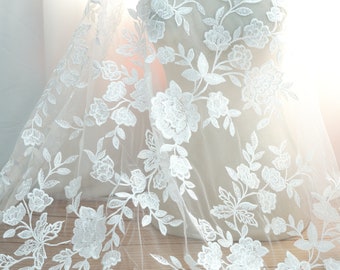 Off white Sequins Lace Fabric Exquisite Bridal Floral Embroidered Lace Fabric for Wedding Dress, Prom Gown, Formal Dress