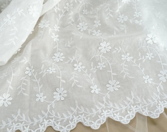 Vintage Embroidered Cotton Lace Fabric, 3D Flower Embroidery Cotton Fabric, 51.2" Wide Scalloped Cotton Lace Fabric By The Yard