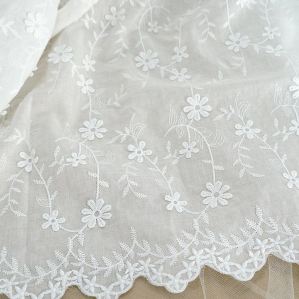 Vintage Embroidered Cotton Lace Fabric, 3D Flower Embroidery Cotton Fabric, 51.2" Wide Scalloped Cotton Lace Fabric By The Yard