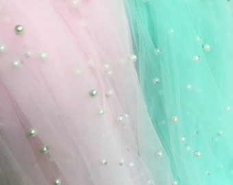 Pink/Light Mint Green Beaded Tulle Fabric, Pearl Beading Tulle Lace Fabric, Evening Dress Fabric, Wedding Veil Fabric