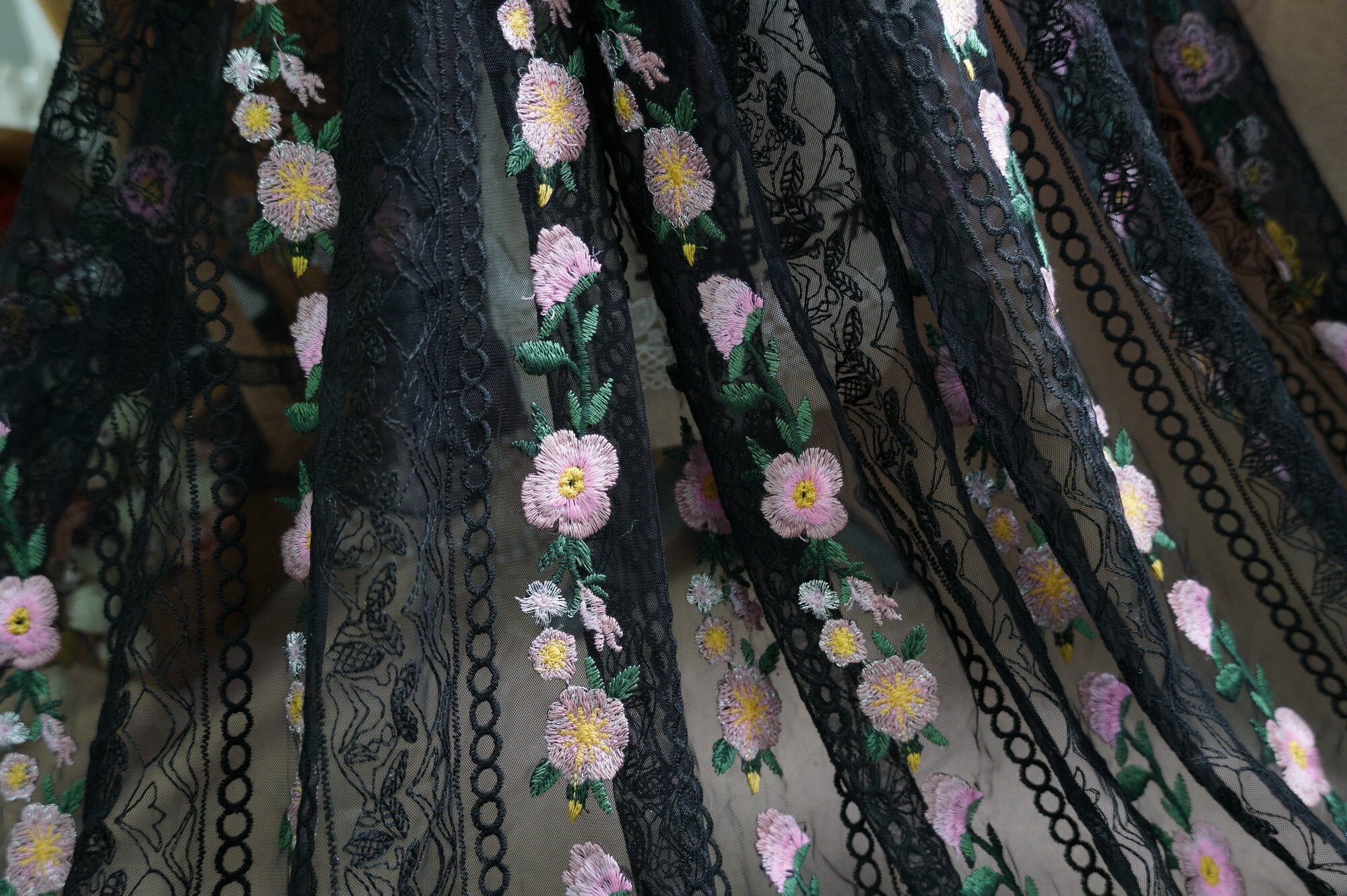 Black With Multi Colored Embroidered Lace Eb3066