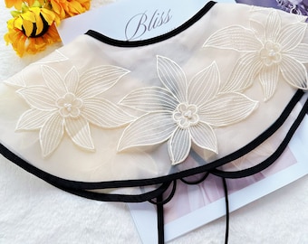Apricot Lace Collar, Floral Embroidery Lace Collar, Beaded Lace Collar, Removeable Lace Collar, Detachable Collar, Fake Collar