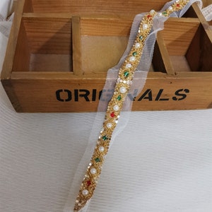 Colorful Beaded Lace Trim, Beaded Trim in Gold for Wedding Sashes, Bridal Straps, Bridal Dress or Headbands