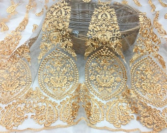 Exquisite Gold Lace Fabric, Golden Embroidery Mesh Lace Fabric, Soft Tulle Lace Fabric For Formal Dress, Prom Gown, Bridal Wedding Robe