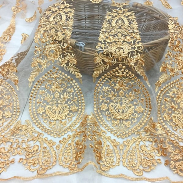 Tissu de dentelle d'or exquis, tissu de dentelle de maille de broderie d'or, tissu doux de dentelle de tulle pour la robe formelle, robe de bal, robe de mariée nuptiale
