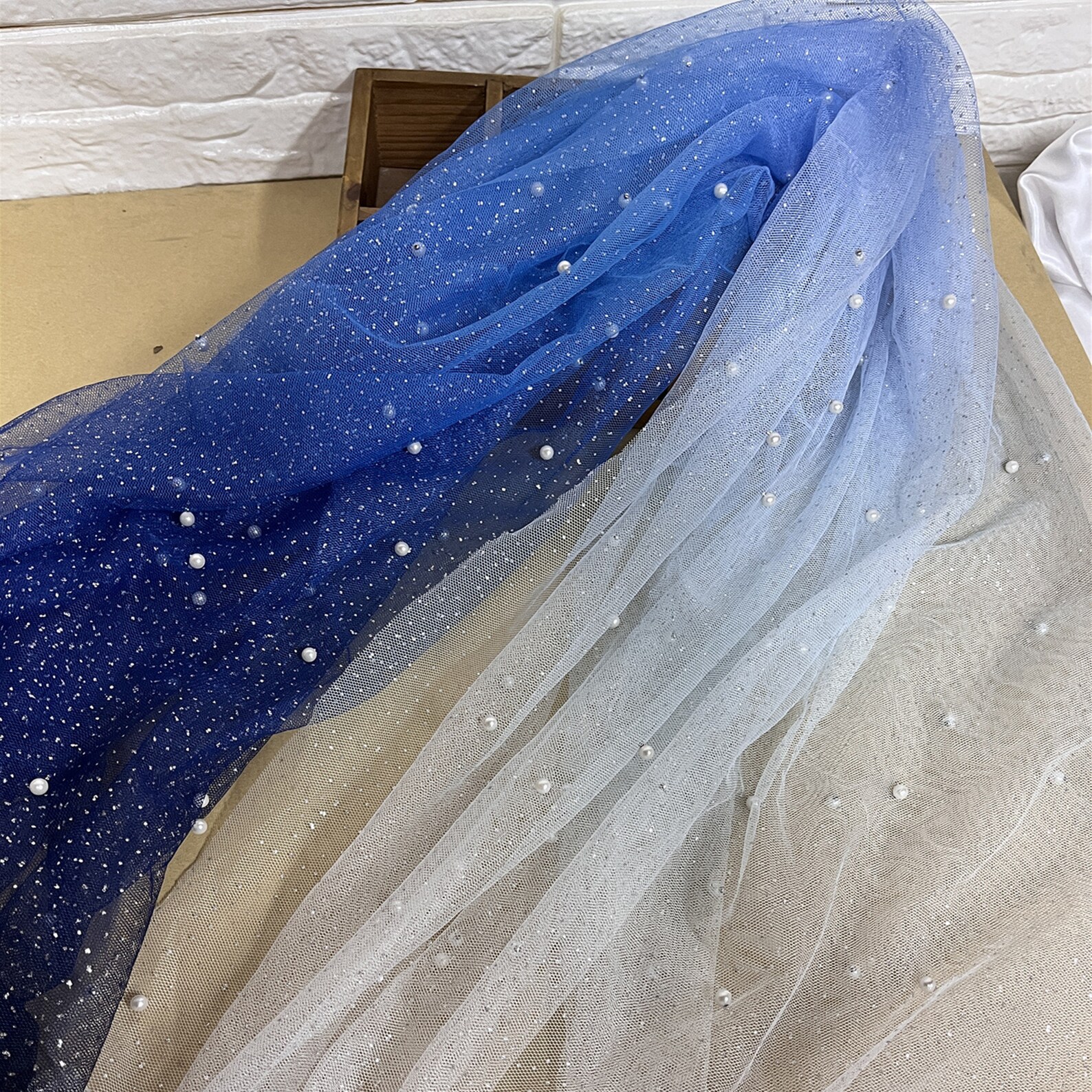 Gradient Glitter Lace Fabric Pearl Beaded Dark Blue Tulle Etsy