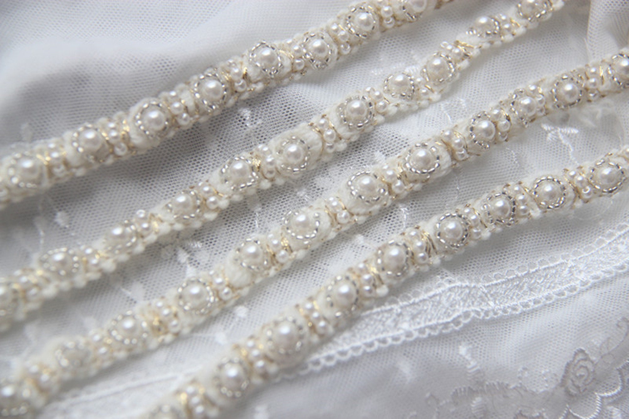 Beaded Trim | Flat Pearl Trim, 1/4 wide | White | Lace & Co.