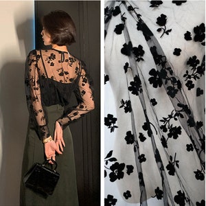 Black Flowers Flocking Tulle Lace Fabric Flocked Floral Embroidery Exquisite Bridal Wedding Dress Fabric 59&quot; width By the Yard
