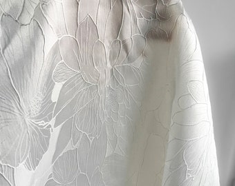 Off white Lotus Floral Jacquard Embroidery Fabric, Polyester Fabric for Formal Dress, Tops, Haute Couture, Wedding Gown