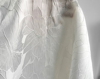Pretty Off white Lotus Floral Jacquard Embroidery Fabric, Polyester Fabric for Formal Dress, Tops, Haute Couture, Wedding Gown, Sewing