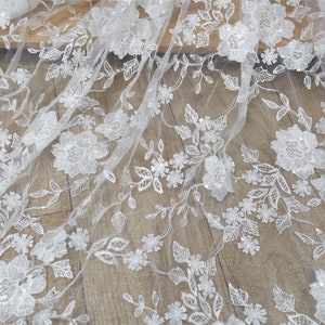 1 Yard Clear Sequin Lace Fabric, Floral Embroidery Lace Fabric for Wedding Bridal Dress Skirts Home Decor
