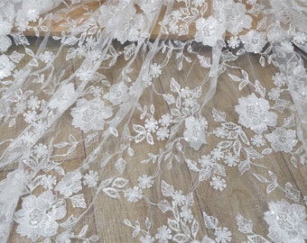 1 Yard Clear Sequin Lace Fabric, Floral Embroidery Lace Fabric for Wedding Bridal Dress Skirts Home Decor