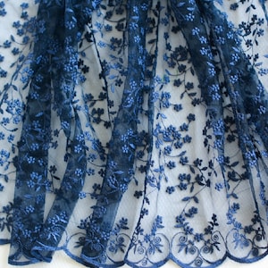 Navy Blue Floral Embroidery Tulle Lace Fabric, Vintage Navy Lace Fabric for Summer Dress, Skirts, Curtains, Gowns or Prom Dress