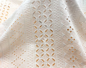 Cotton Fabric, Eyelet Embroidery Fabric, Geometric Stripe Lace Fabric for Boho Dress, Bridal Dress, Summer Dress, Curtains, by 1 yard