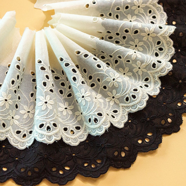 Black Cotton Lace Trim, 5.3 Wide Cotton Lace Trimming, Black Lace Trim with Eyelet Embroidery One Yard image 2