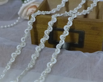 Pearl lace ribbon, beaded lace trim, pearl lace trim, gold thread embroidery lace trim, belt trim, sash lace, headband lace, 1 yard