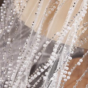 Puede incluir: Primer plano de tela de tul blanco adornada con hileras de pequeñas perlas blancas redondas y cuentas plateadas. La delicada red crea un efecto brillante y texturizado. El fondo es de color beige claro.