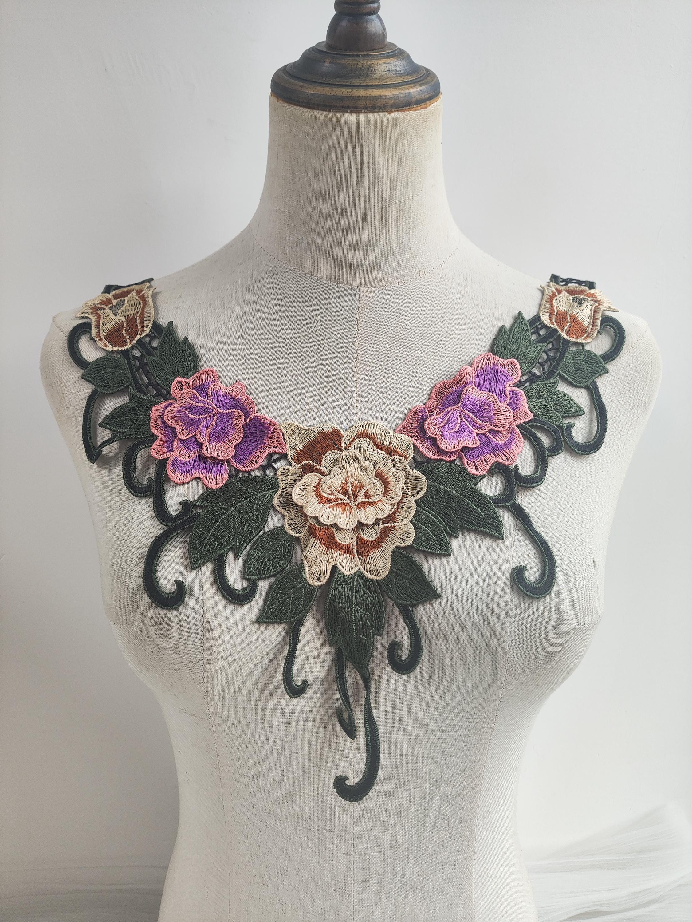 Blumen-Stickerei-Patch (2 Stück) – Violetter Kragen-Applikation, 12 X 33 Cm, Zum Aufnähen