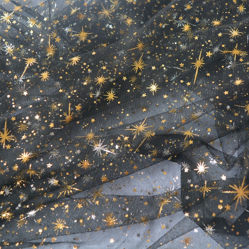 59 Wide Soft Tulle Fabric Gold Glitter Irregular Star Mesh Tulle Lace Fabric for DIY Doll Dress, Veil, Headband, Tutu Dress, Baby Dress image 7