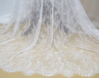 Vintage Off white Chantilly Lace Fabric, French Floral Scalloped Lace Fabric, Bridal Eyelash Lace Fabric, for Wedding Dress, Lace Robe