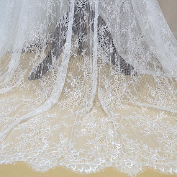 Vintage Off white Chantilly Lace Fabric, French Floral Scalloped Lace Fabric, Bridal Eyelash Lace Fabric, for Wedding Dress, Lace Robe