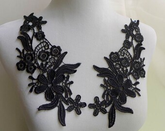 One Pair Black Lace Applique for Sashes, Dress Applique, Sewing, Costume Design